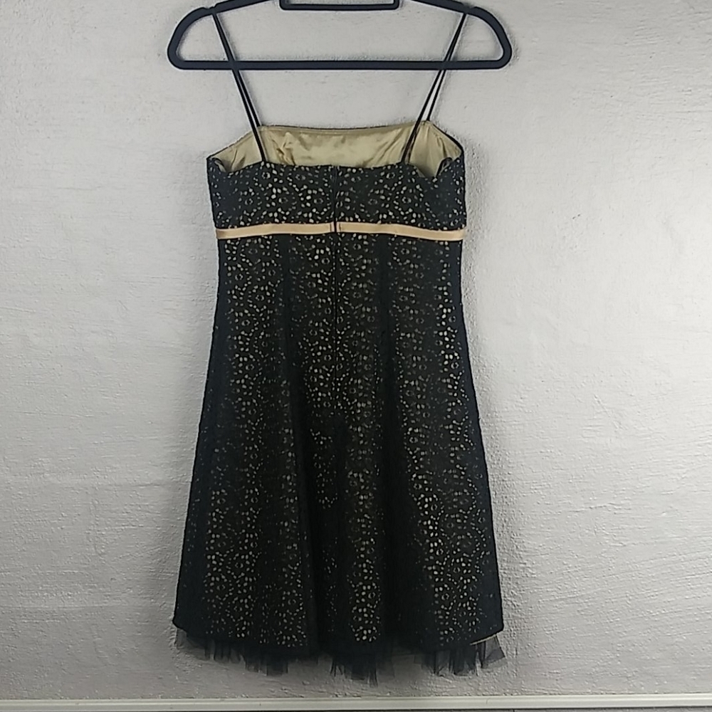 Betsy & Adam Black Gold Crochet Straight Neckline Spaghetti Strap Mini Dress - Picture 4 of 15